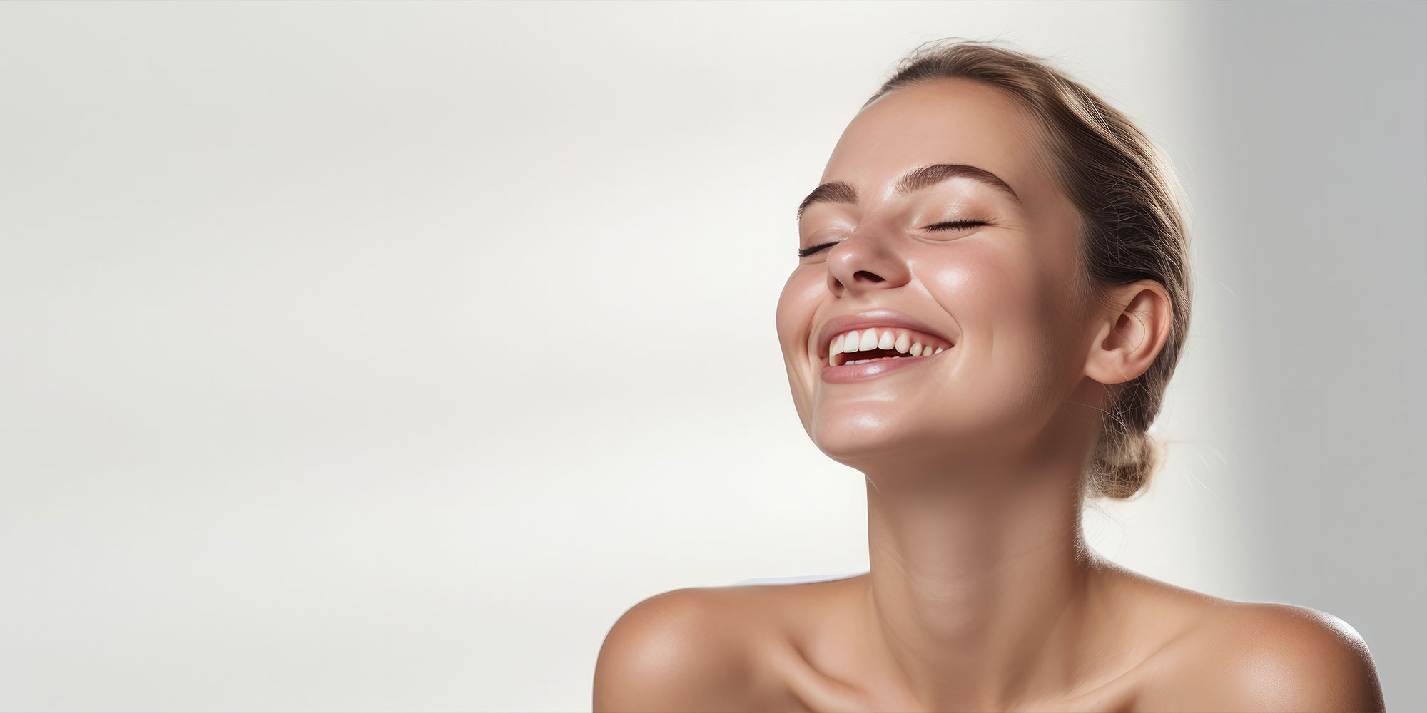 model smiling brightly with their shining new veneers